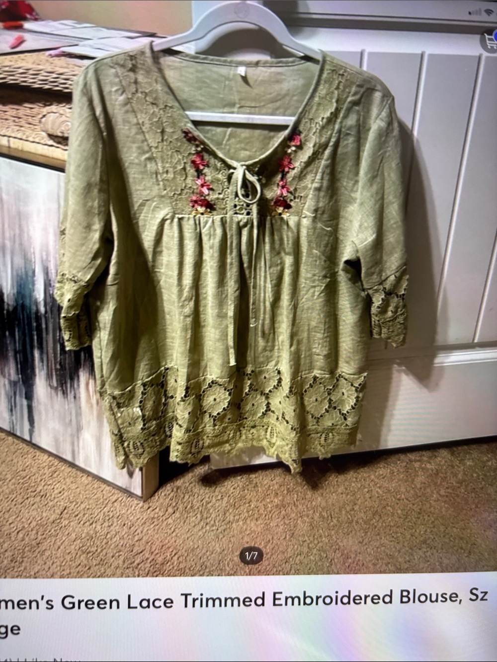 Source Unknown Olive Green Lace-Trim Boho Peasant Blouse